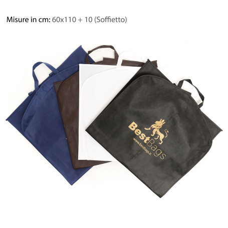 Copriabito TNT 60 x 110 + 10 cm Essential con soffietto. Personalizzabile.