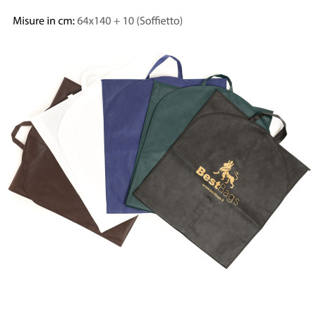 Copriabito TNT 64 x 140 + 10 cm Essential, con soffietto. Personalizzabile.